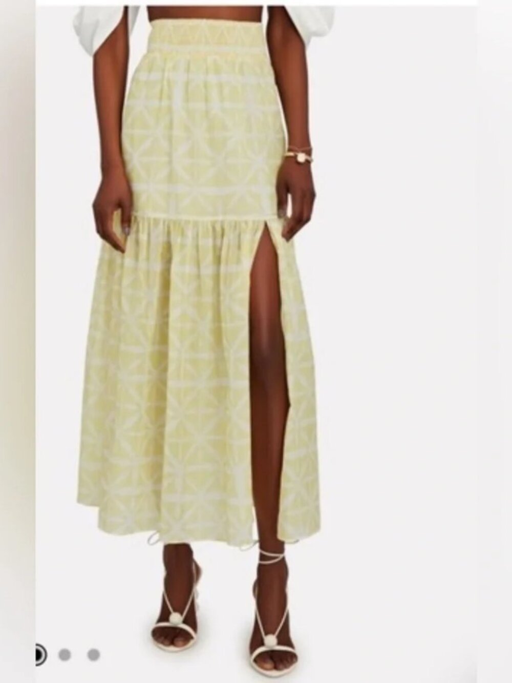 NWT - Intermix Adeline Printed Tiered Midi Skirt Yellow and White, Size Medium